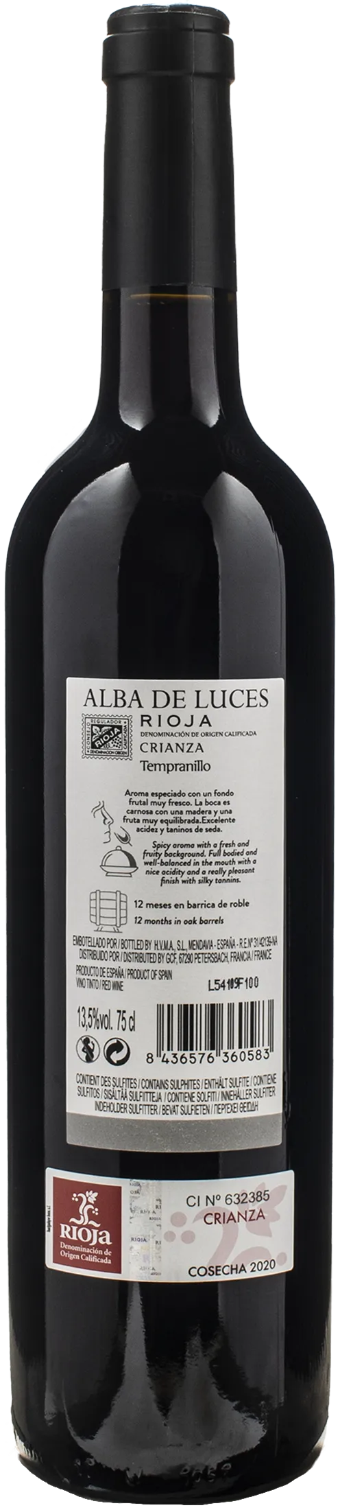 Alba de Luces Tempranillo Rioja Crianza 2020