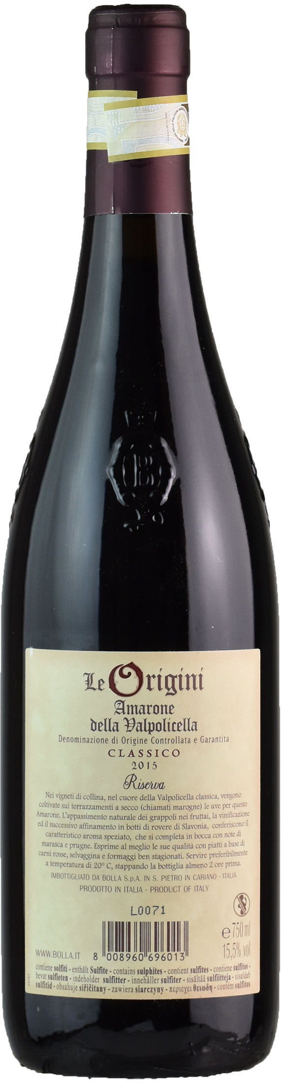 Bolla Amarone della Valpolicella Classico Le Origini Riserva 2015