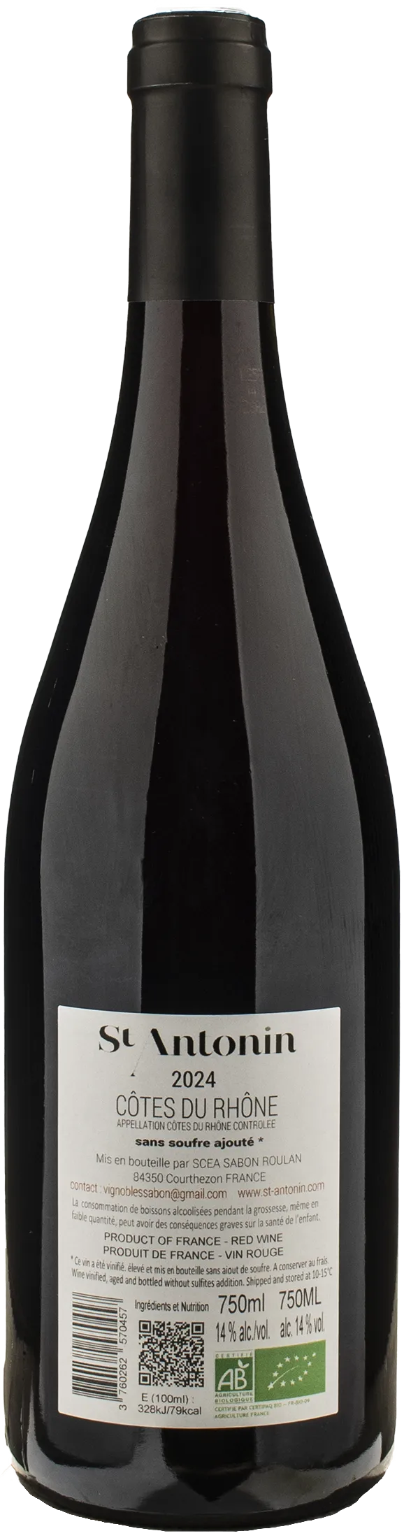 Clos St Antonin Cotes du Rhone Sans Sulfites Ajoutes 2024