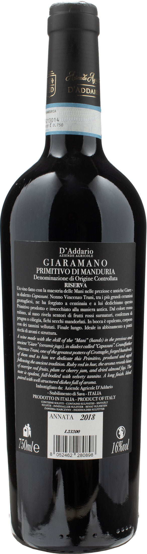 D'Addario Primitivo di Manduria Giaramano Riserva 2018