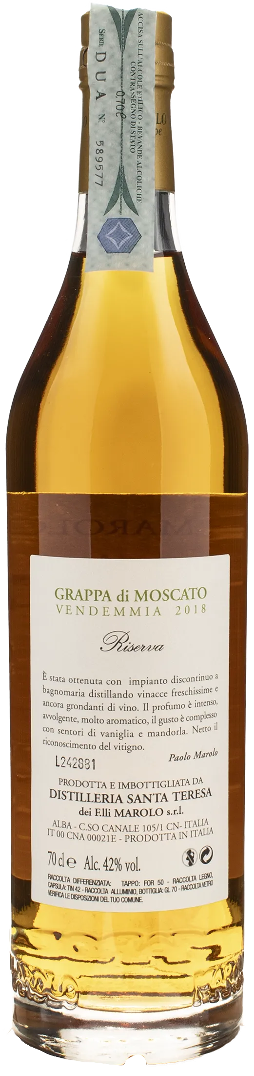 Distilleria Marolo Grappa di Moscato Apres 5 Y.O. Riserva 2018