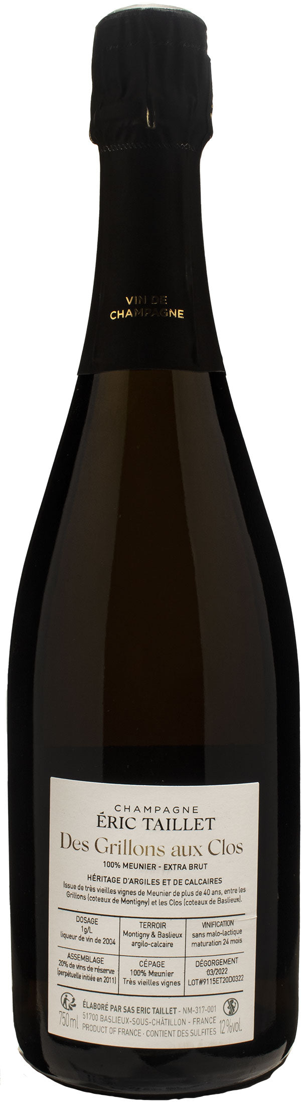 Eric Taillet Champagne Des Grillons Aux Clos Blanc De Meunier Extra Brut