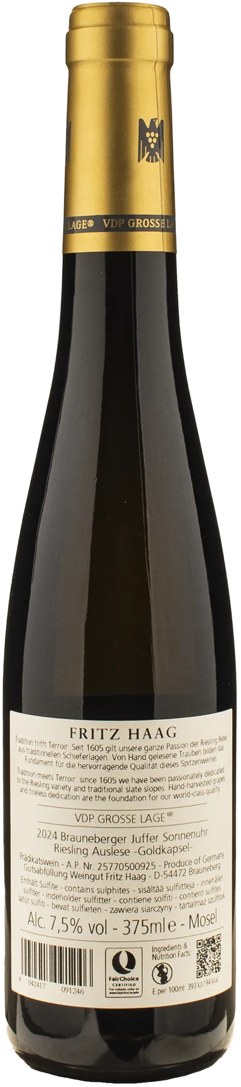 Fritz Haag Brauneberger Juffer Sonnenuhr Riesling Auslese Goldkapsel 0.375L 2024
