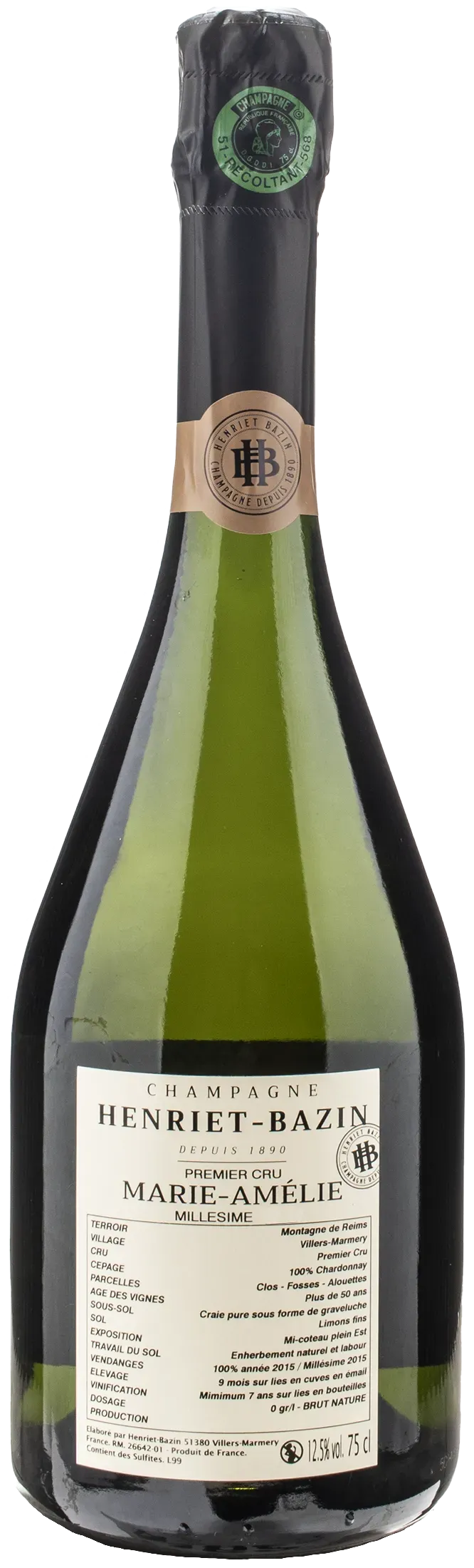 Henriet Bazin Champagne 1er Cru Blanc de Blancs Marie Amelie Brut Nature Millesime 2015