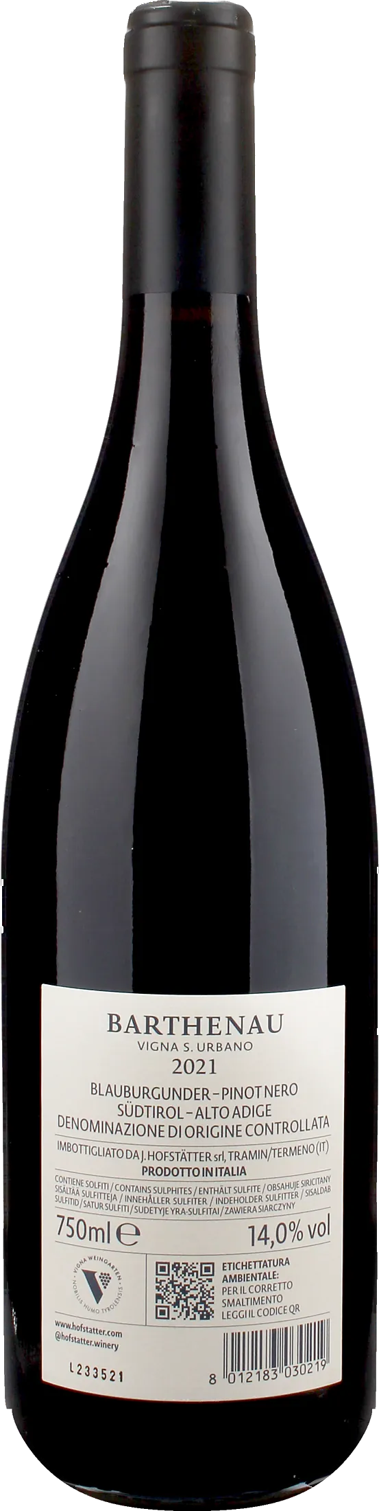 J. Hofstatter Barthenau Pinot Nero Vigna S. Urbano 2021