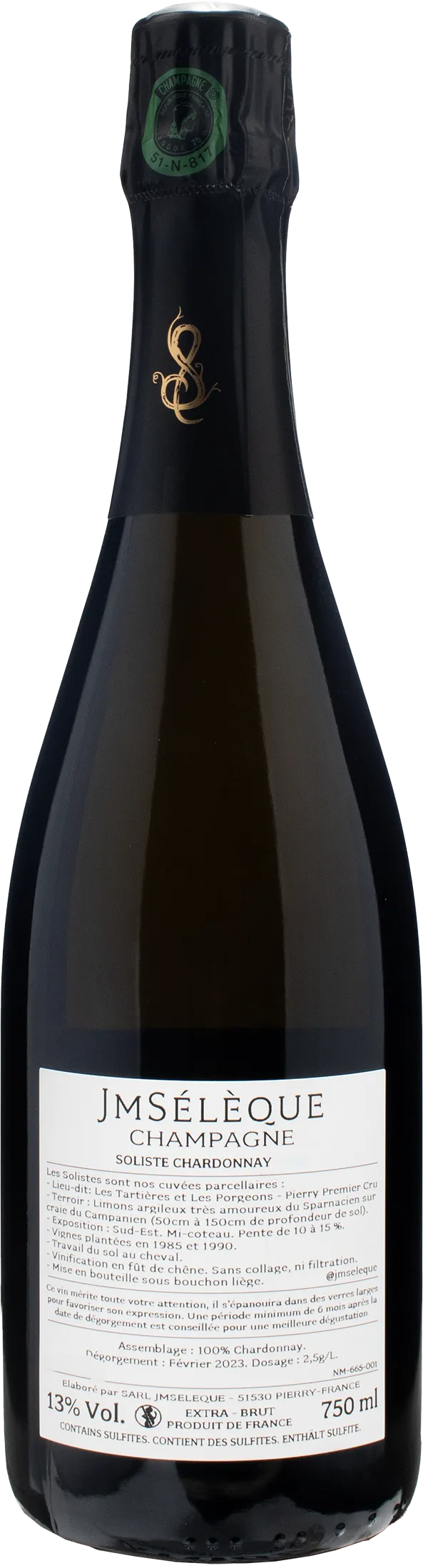 JM Seleque Champagne Soliste Chardonnay Pierry 1er Cru Les Tartieres Et Les Porgeons Extra Brut 2018