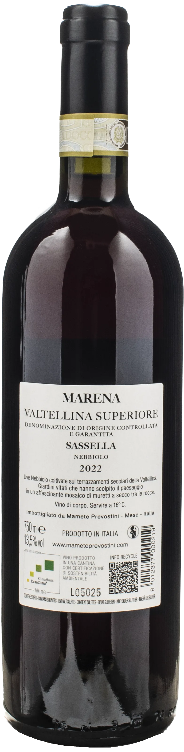 Mamete Prevostini Sassella Nebbiolo Valtellina Superiore Marena 2022
