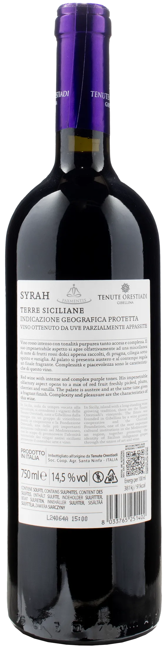 Orestiadi Paxmentis Leggermente Appassito Syrah 2022