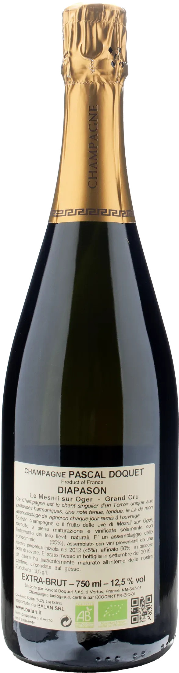 Pascal Doquet Champagne Grand Cru Le Mesnil Sur Oger Diapason Extra Brut