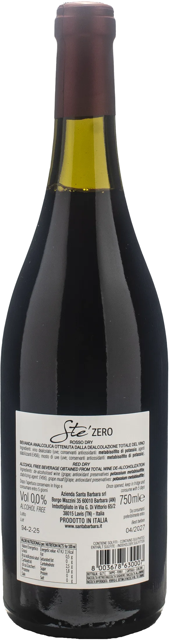 Santa Barbara Stefano Antonucci Ste' Rosso Dry Zero Alcol