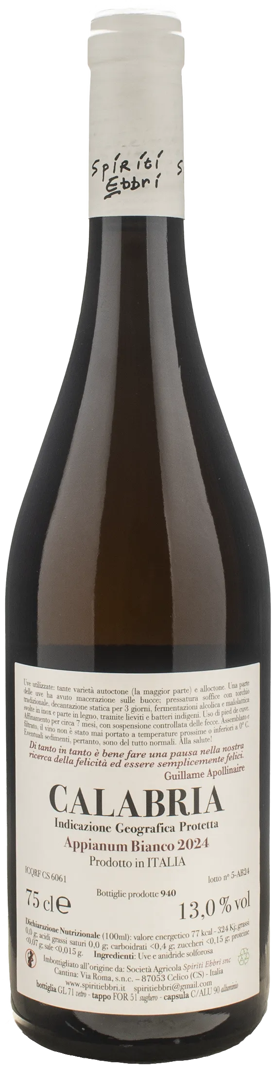 Spiriti Ebbri Calabria Appianum Bianco 2024