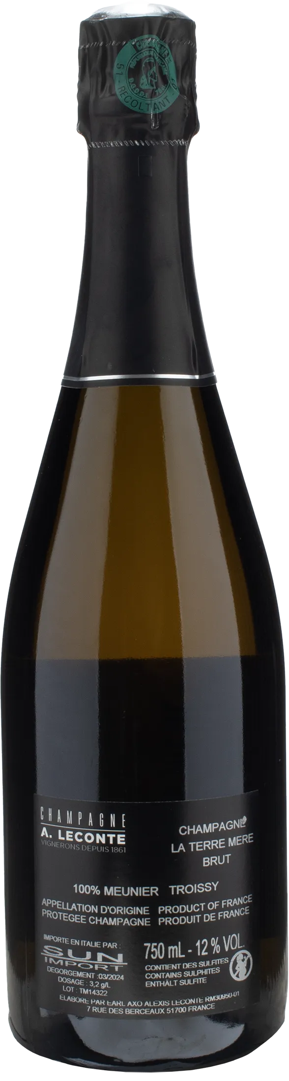 Alexis Leconte Champagne La Terre Mere Meunier à Troissy Extra Brut