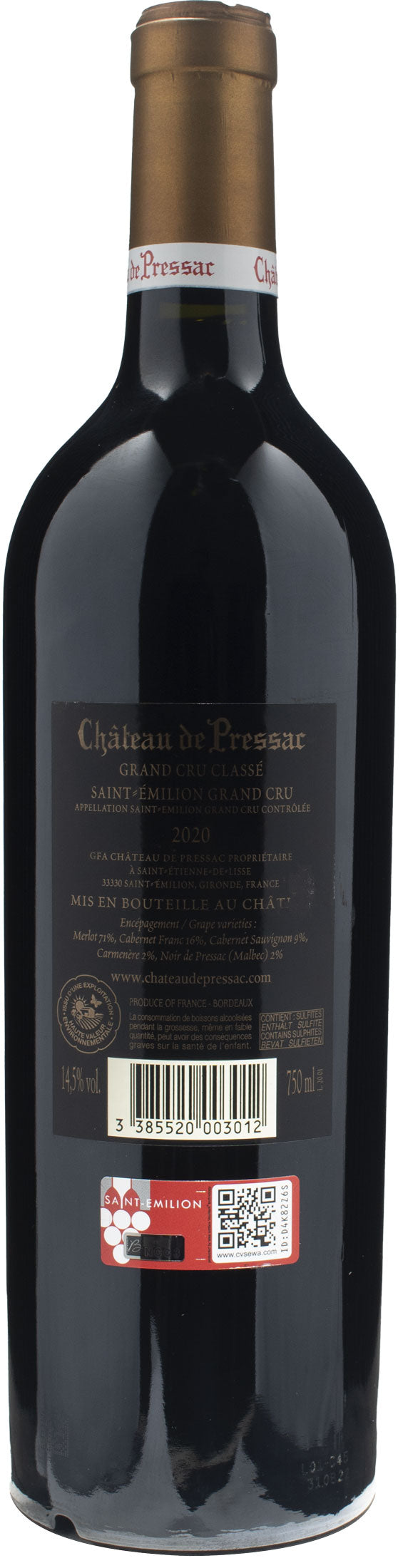 Chateau de Pressac Saint Emilion Grand Cru Classé 2020
