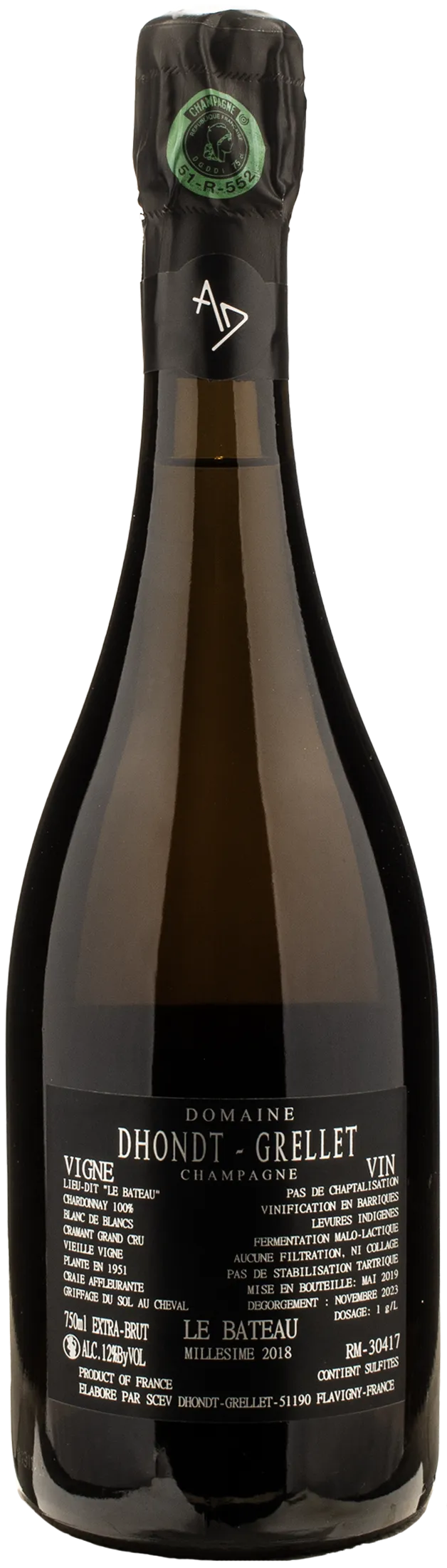 Dhondt Grellet Champagne Grand Cru Blanc de Blancs Extra Brut Le Bateau 2018