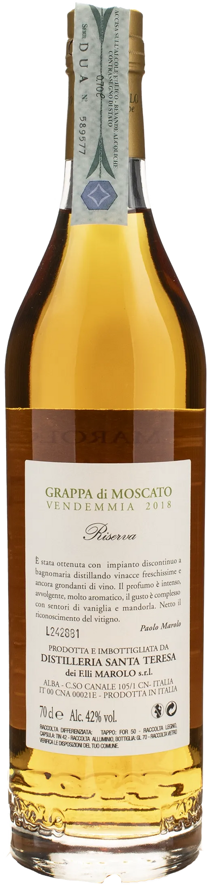 Distilleria Marolo Grappa di Moscato Apres 5 Anni Riserva 2018
