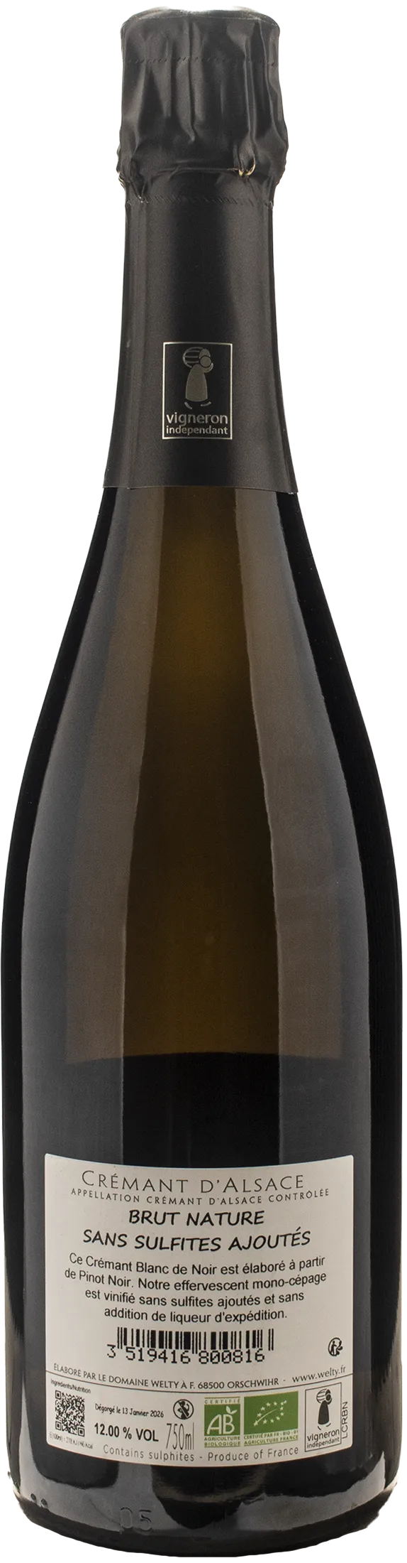Domaine Jean Michel Welty Cremant d'Alsace Blanc de Noirs Brut Nature