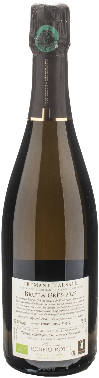 Domaine Robert Roth Cremant d'Alsace Blanc de Blancs Brut de Gres Extra Brut Bio 2022