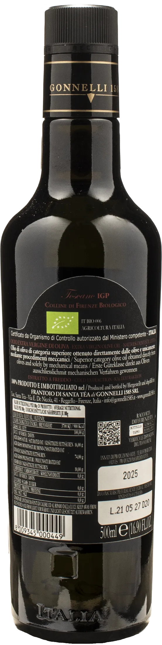 Gonnelli 1585 Frantoio di Santa Tea Extra Virgin Olive Oil Hills of Florence 0.5L 2025