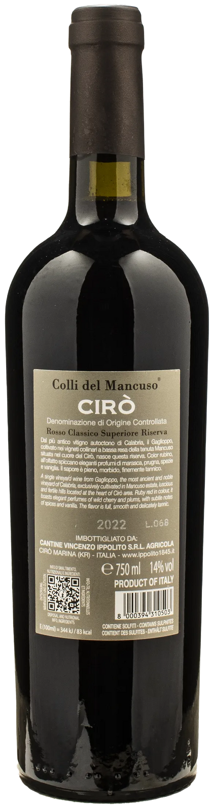 Ippolito 1845 Ciro Colli del Mancuso Rosso Classico Superiore Riserva 2022