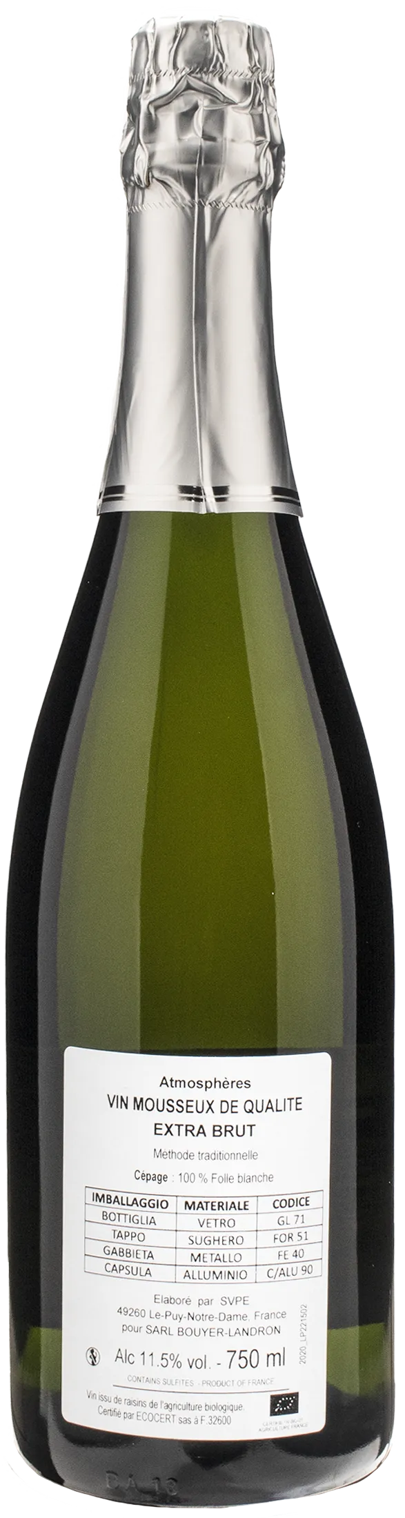 Jo Landron Vin Mousseux Atmosphères Mèthode Traditionnelle Extra Brut