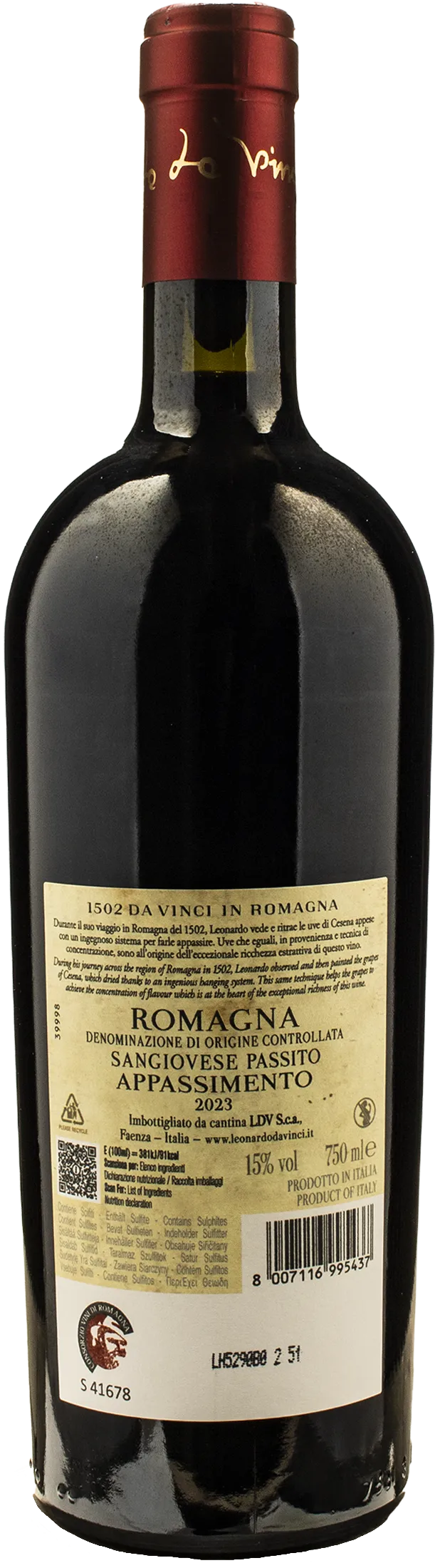 Leonardo da Vinci 1502 Sangiovese Passito Uve Portate a Cesena 2023