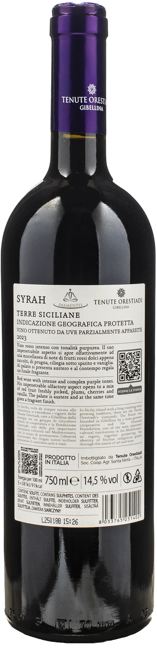 Orestiadi Paxmentis Leggermente Appassito Syrah 2023