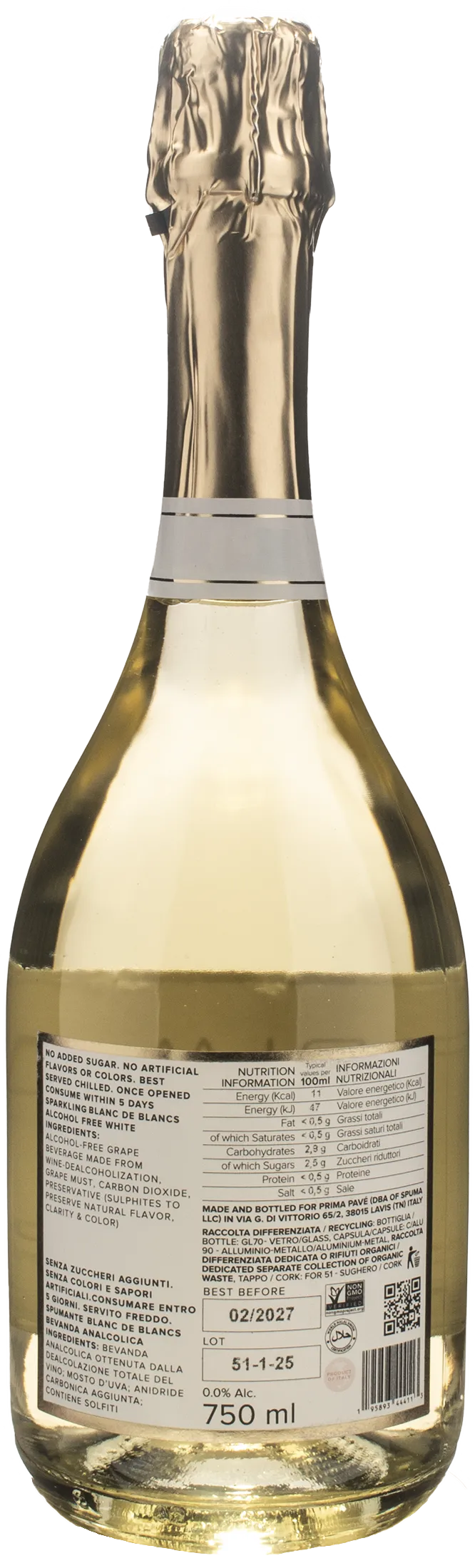 Prima Pave Sparkling Blanc de Blancs Zero Alcol
