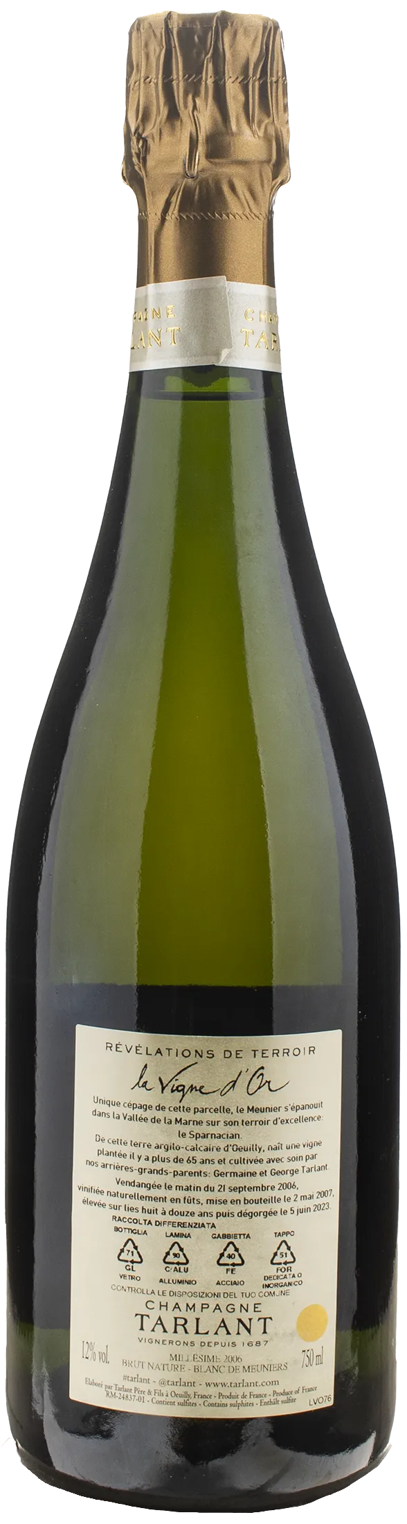 Tarlant Champagne La Vigne d'Or Brut Nature 2006