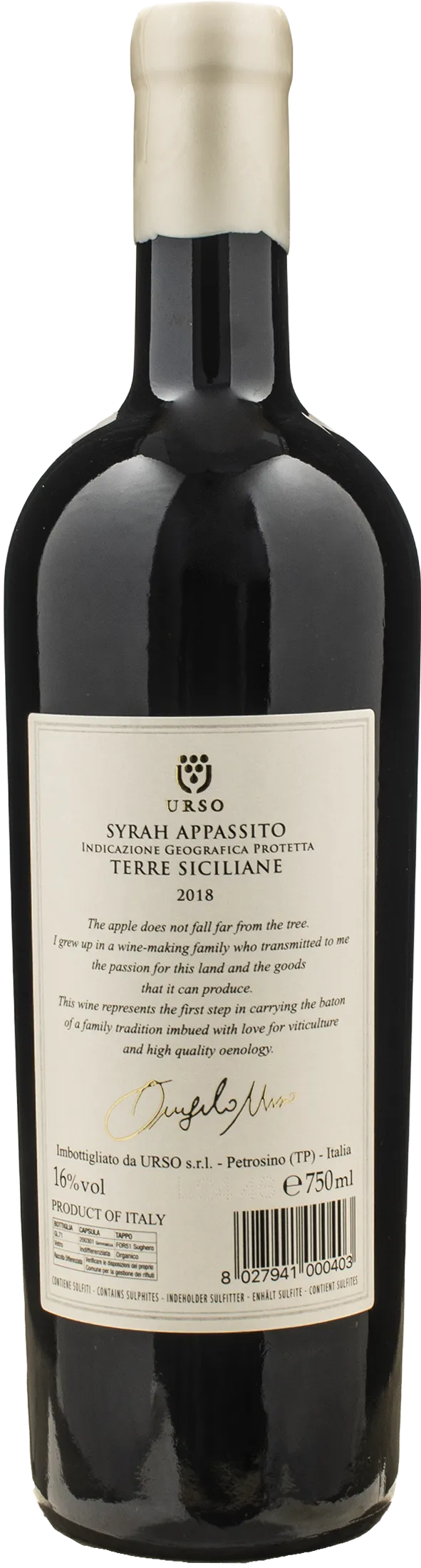 Urso Terre Siciliane Syrah Appassito Passyrah 2018