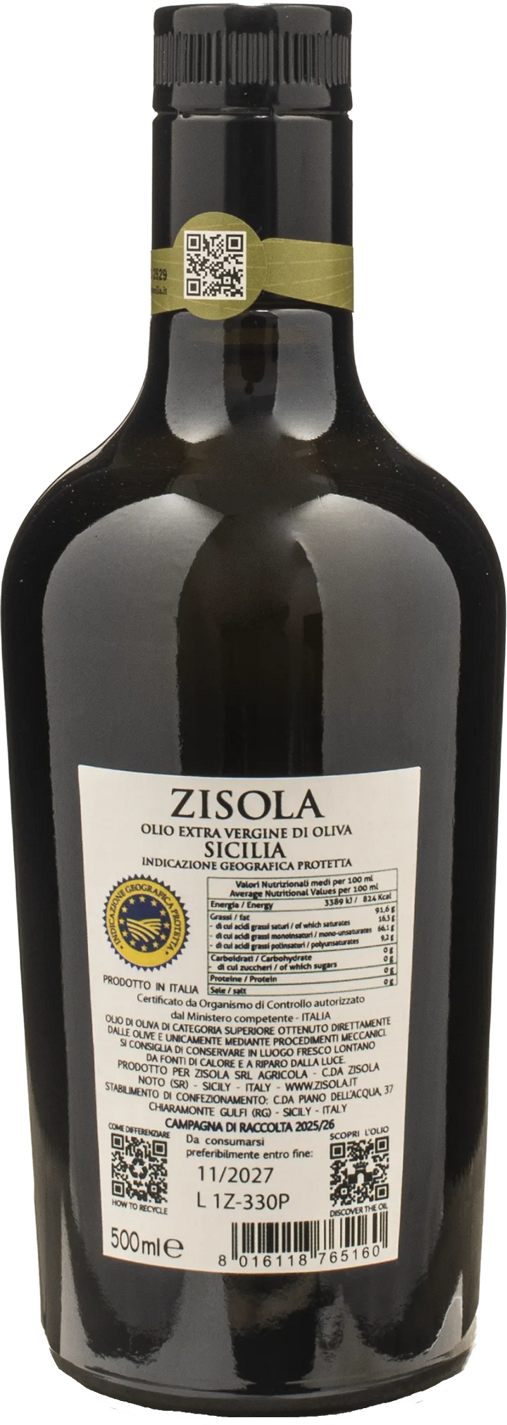 Zisola Sicilian Extra Virgin Olive Oil 0.5L 2025